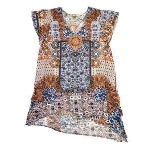 One World Shirt Womens Large Paisley Western Short Sleeve Blue Orange V-Neck